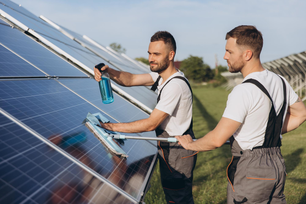 2 workers cleaning solar panels